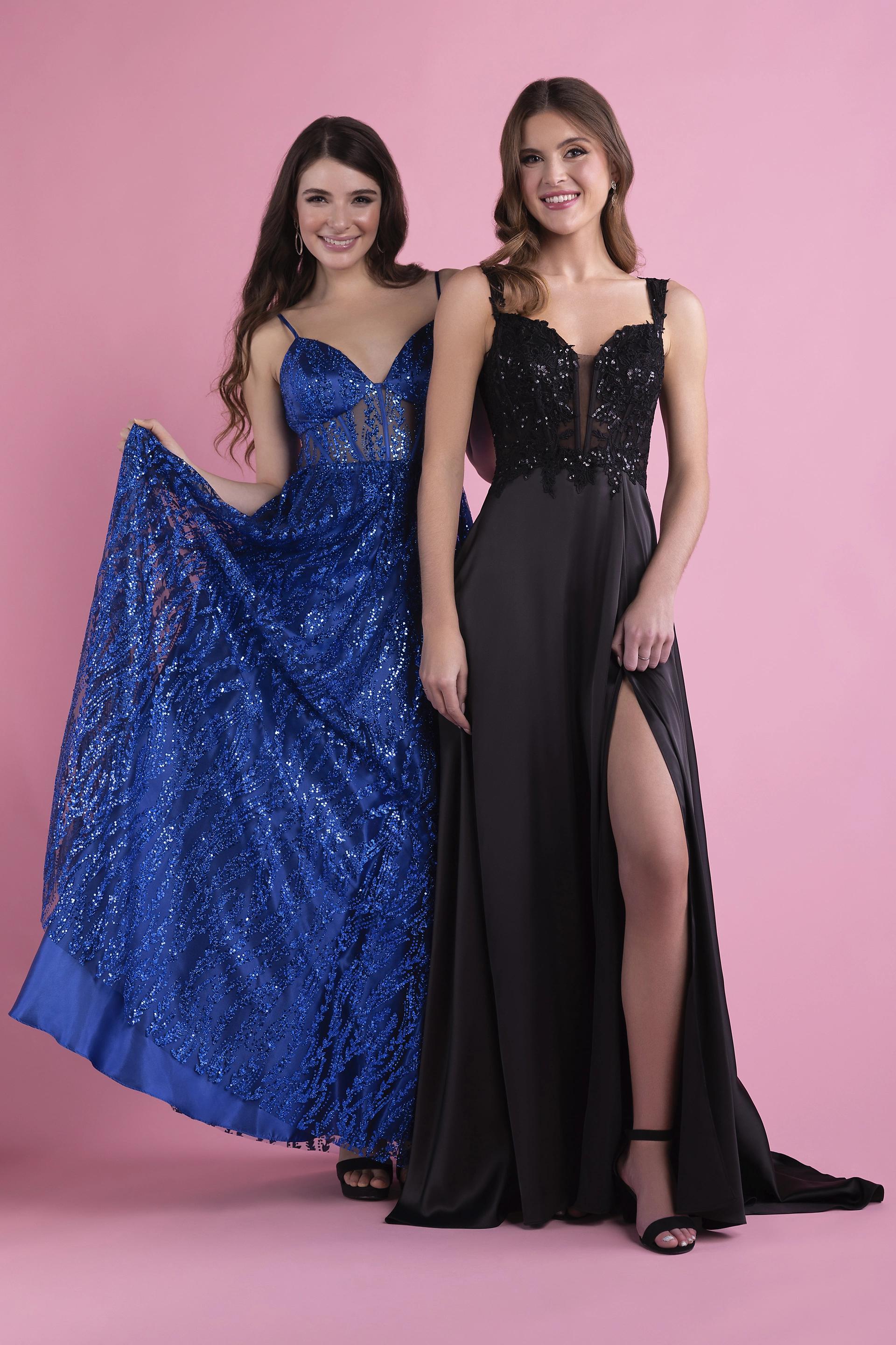 Picture of Illusion Plunge Appliqued Charmeuse A-Line Dress