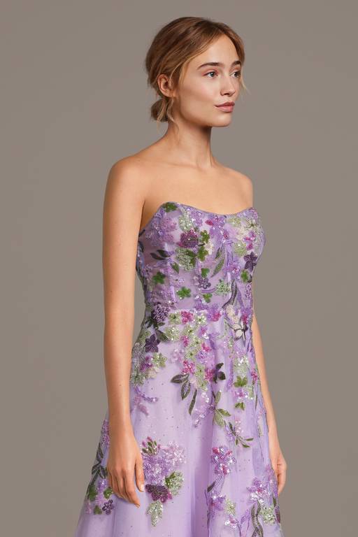 celine appliqu strapless cocktail dress HELSI Celine Strapless Shimmer Applique Gown in Metallic