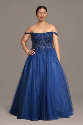 View Jules and Cleo Sequin Applique Ball Gown with Basque Waist in all available color and sizes Picture of Sequin Applique Ball Gown with Basque Waist