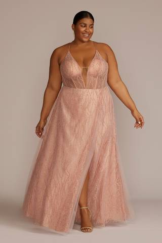 View Galina Signature Patterned Sequin Illusion Bodice A-Line with Slit in all available color and sizes Picture of Patterned Sequin Illusion Bodice A-Line with Slit