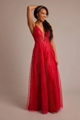 View Galina Signature Patterned Sequin A-Line Dress with Plunge Neckline in all available color and sizes Picture of Patterned Sequin A-Line Dress with Plunge Neckline