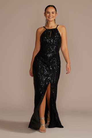 View Galina Signature High Neck Keyhole Patterned Sequin Sheath in all available color and sizes Picture of High Neck Keyhole Patterned Sequin Sheath