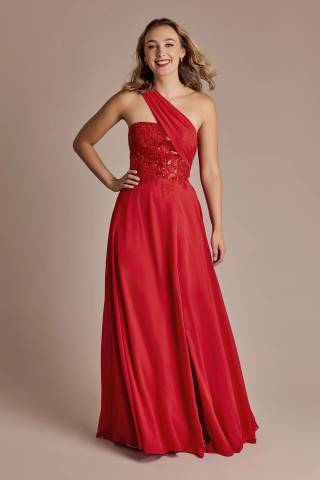 View Galina Signature One-Shoulder Draped Chiffon Sequin Bodice Dress in all available color and sizes Picture of One-Shoulder Draped Chiffon Sequin Bodice Dress