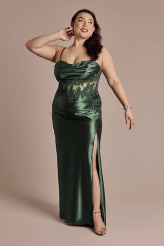 Picture of Sculpting Satin Dress with Sheer Corset Bodice