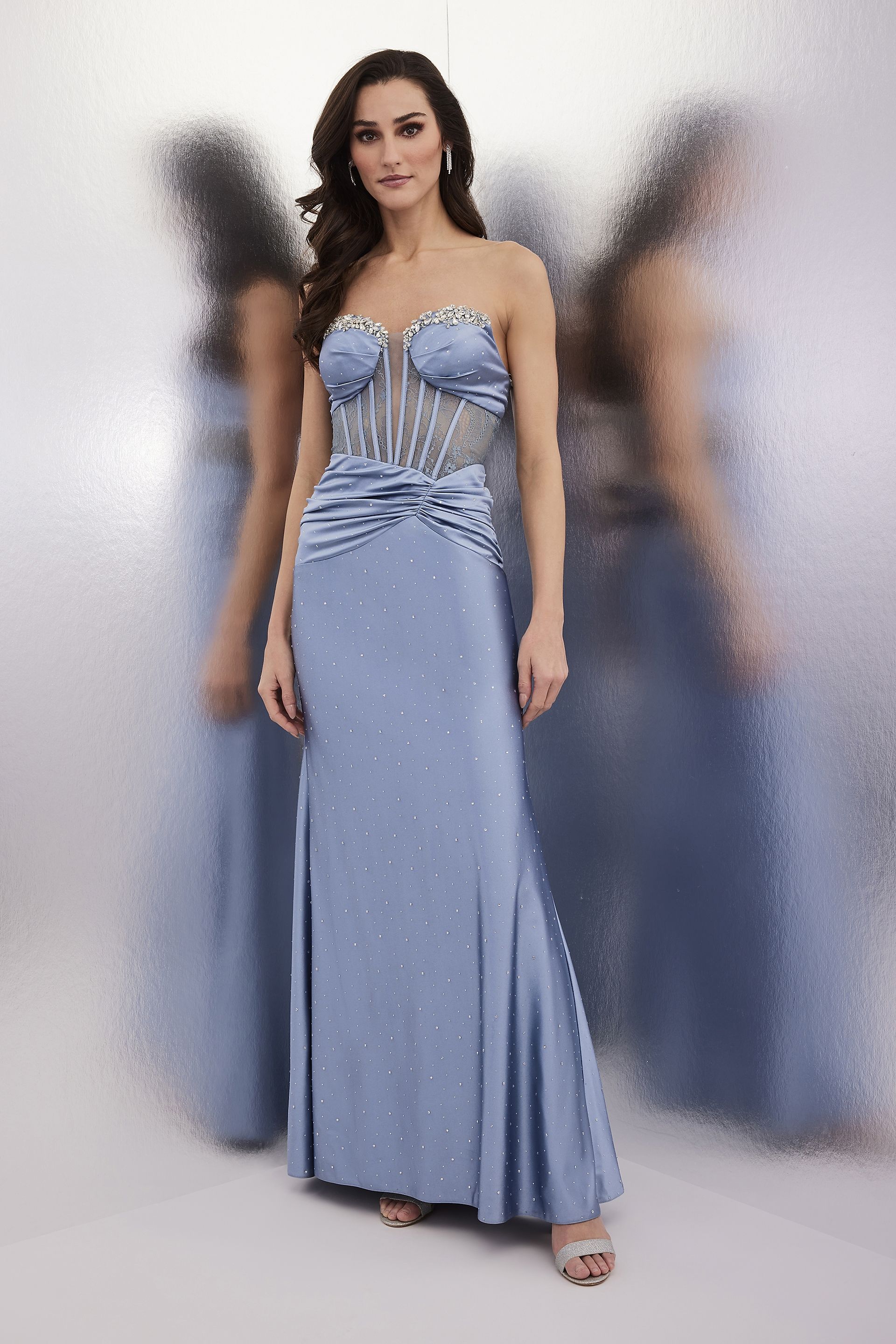Picture of Sculpting Satin Jeweled Corset Sheath Dress