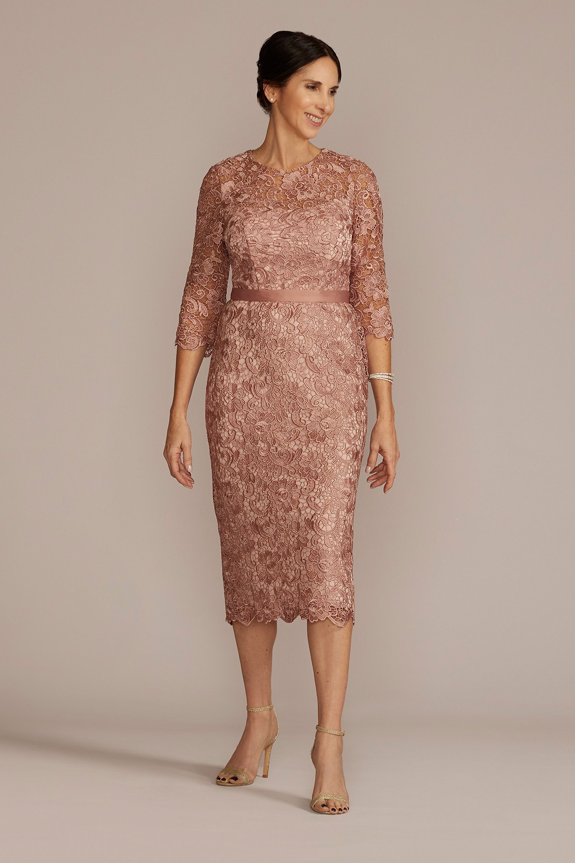 Three-Quarter Lace Dress with Satin Waistband | David's Bridal