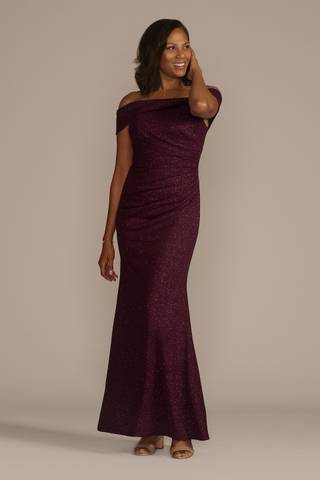 View Oleg Cassini Off-the-Shoulder Draped Glitter Knit Sheath in all available color and sizes Picture of Off-the-Shoulder Draped Glitter Knit Sheath