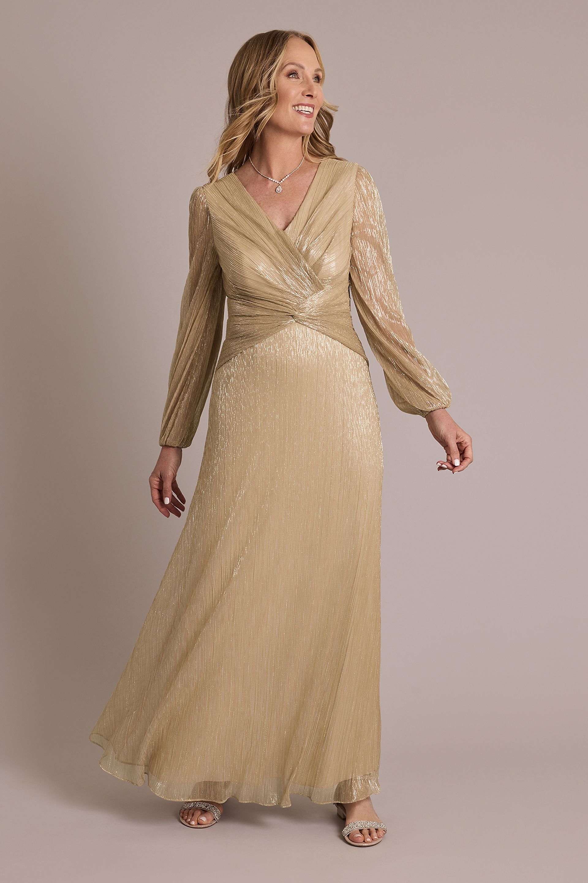 Metallic Long-Sleeve Knotted Sheath Dress | David's Bridal