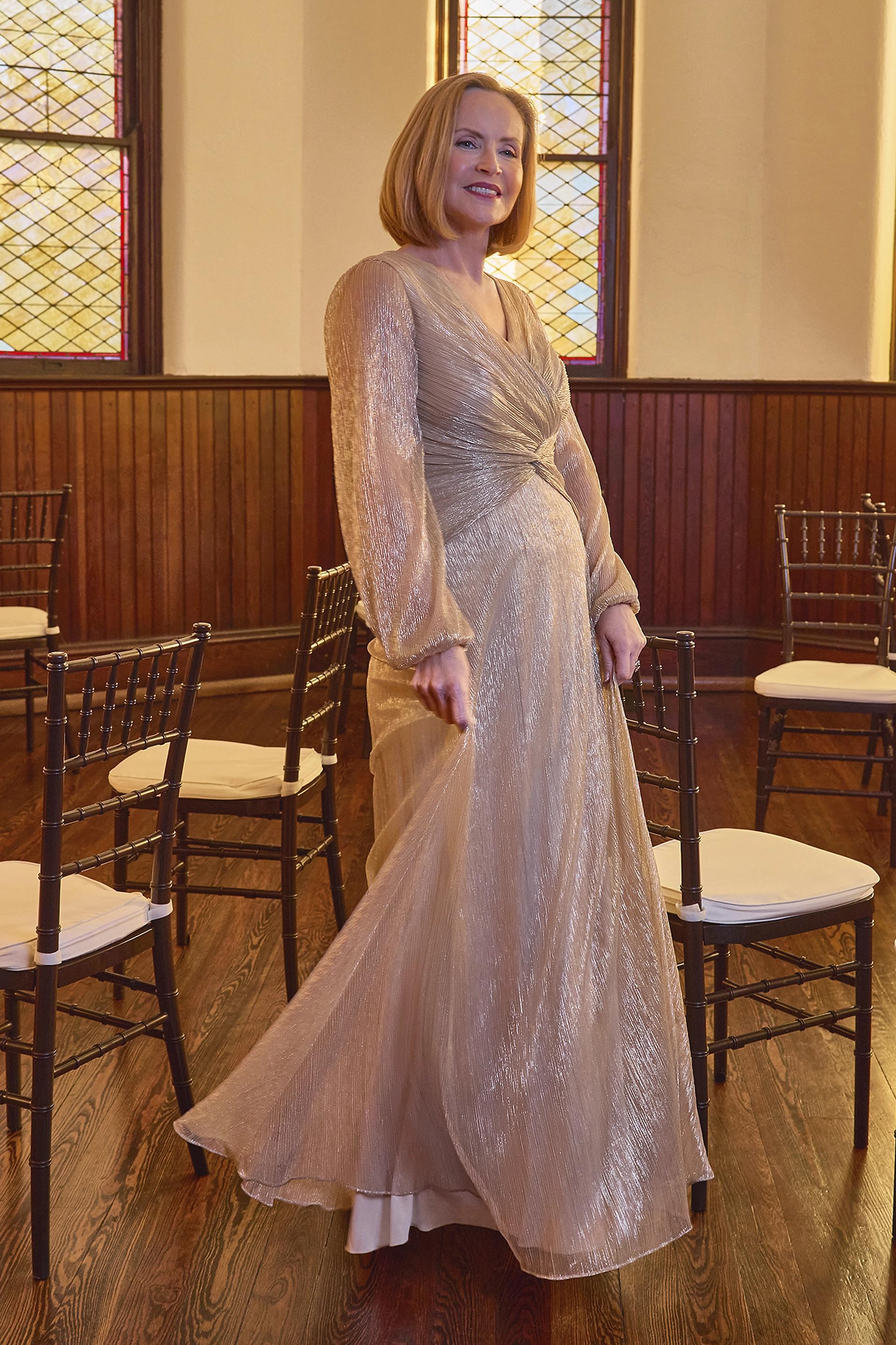 Metallic Long-Sleeve Knotted Sheath Dress | David's Bridal