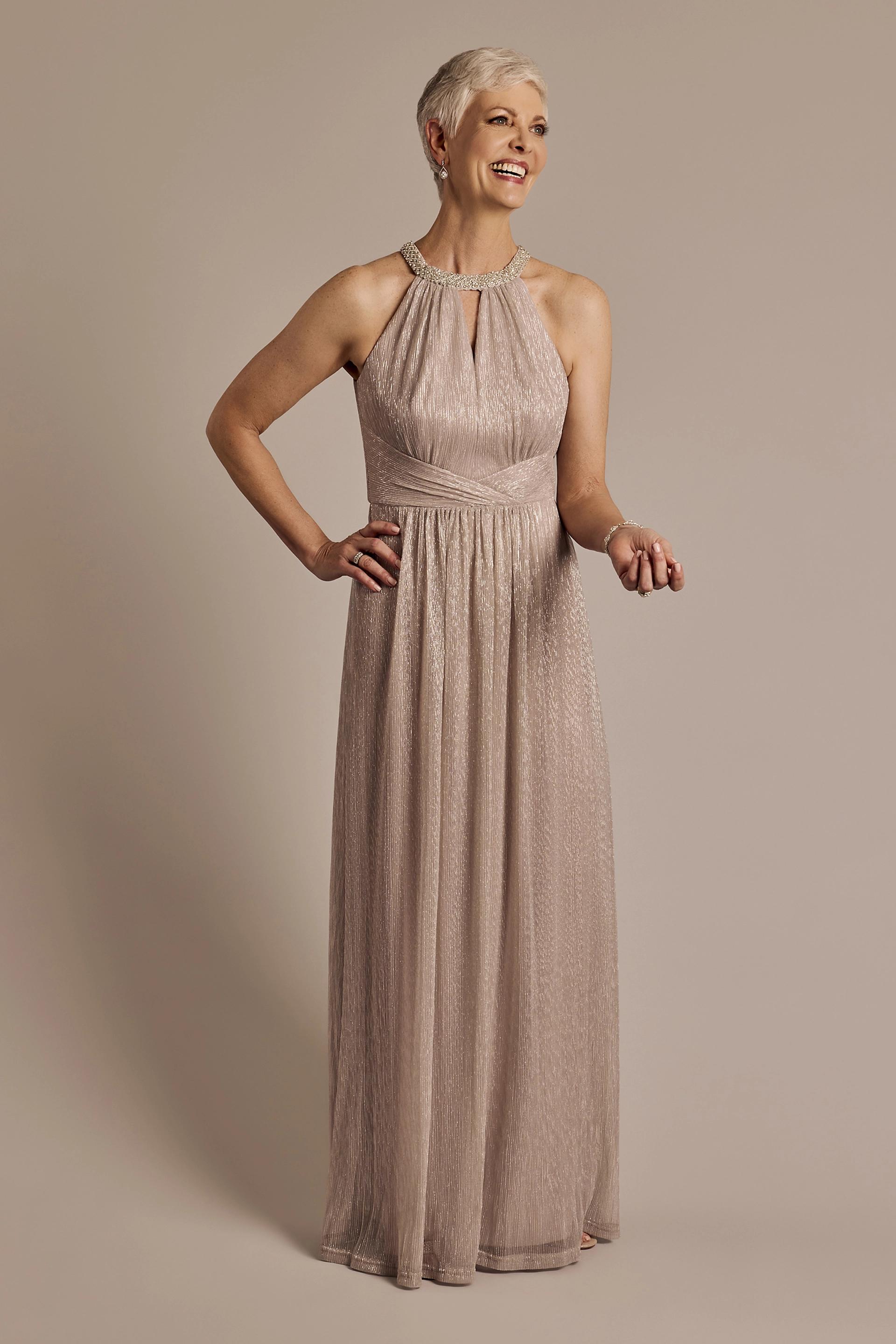 Metallic A-Line Dress with Jeweled Neckline | David's Bridal