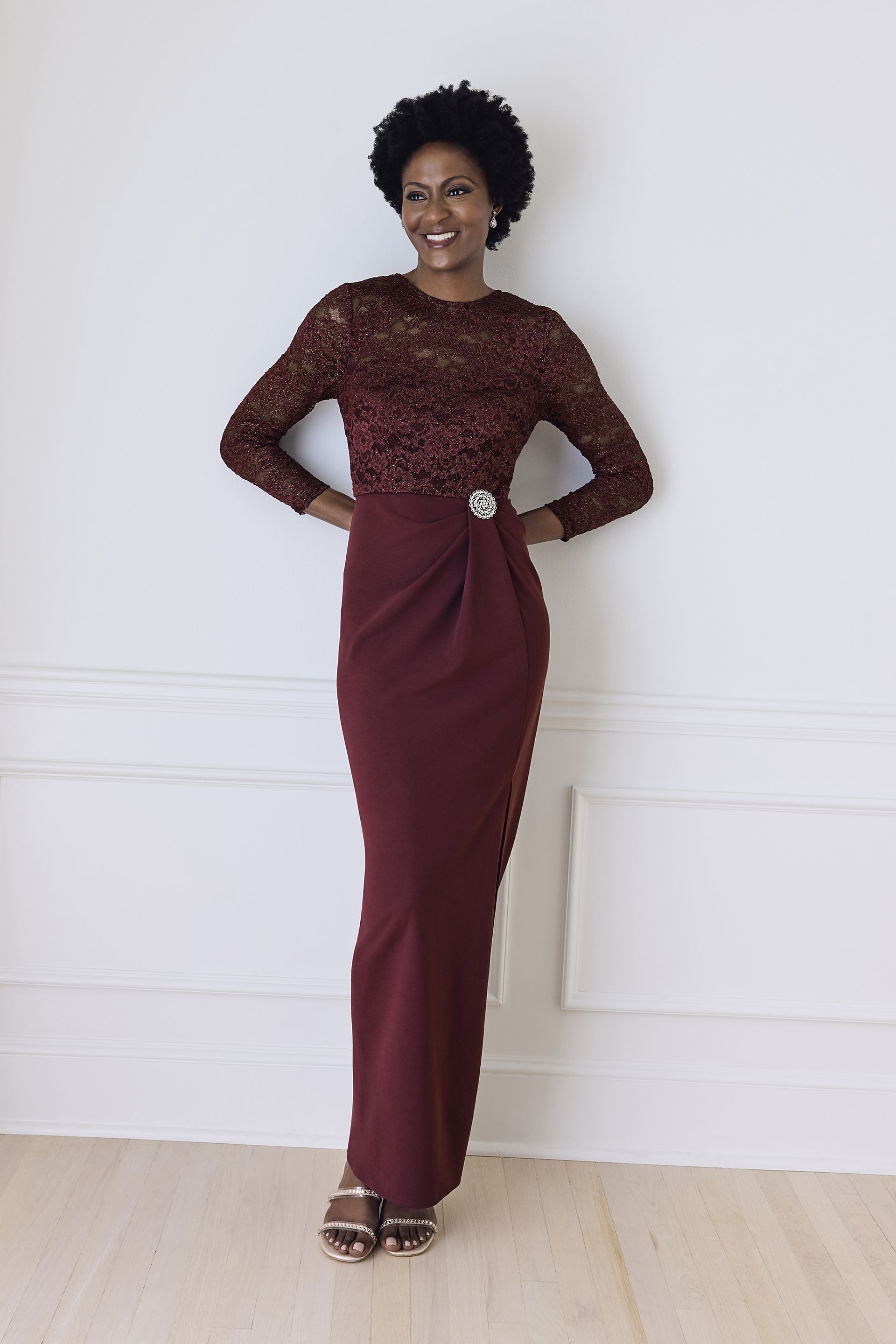 Long-Sleeve Lace and Crepe Soft A-Line Dress | David's Bridal