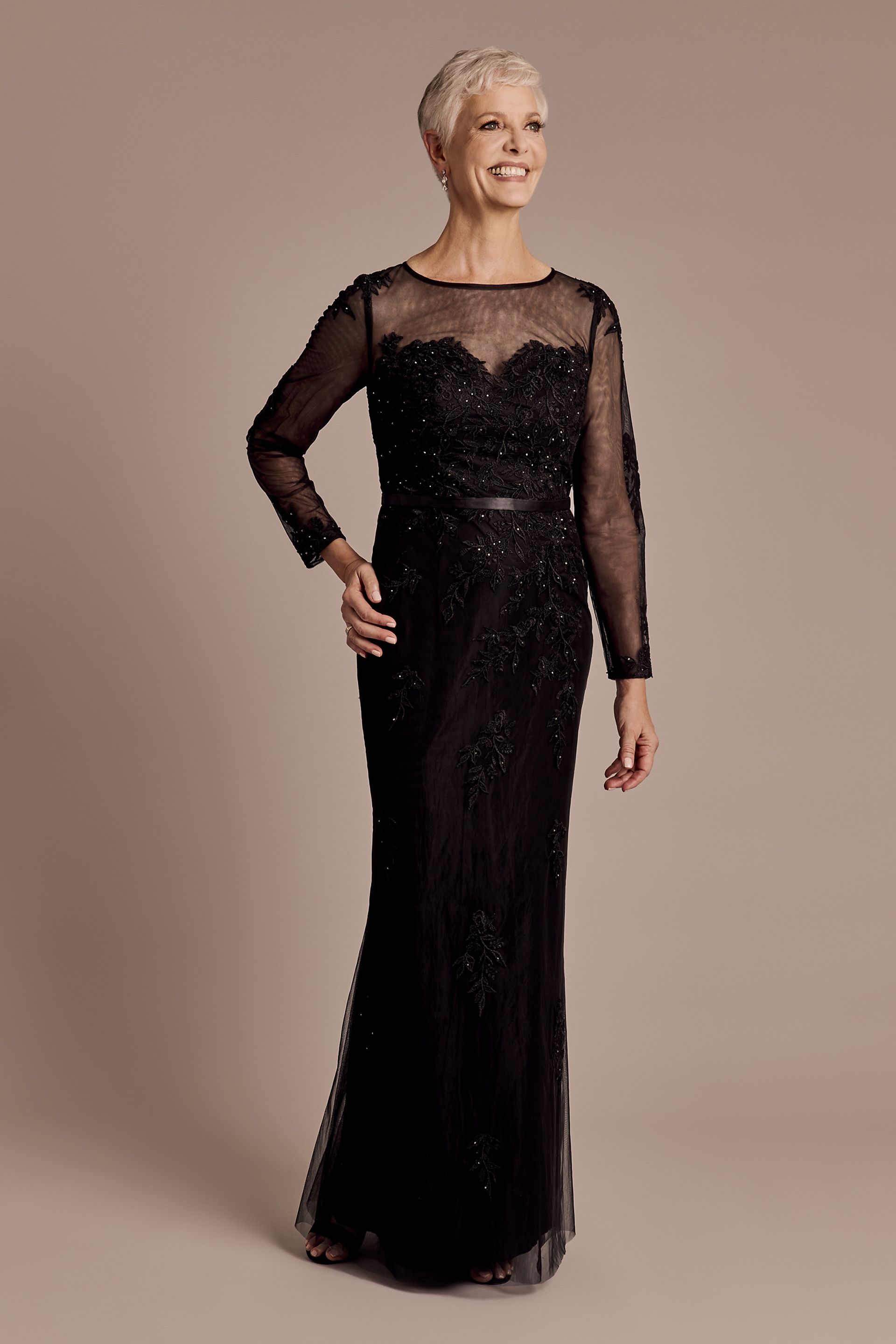 flare dress online Illusion Long Sleeve Applique Fit and Flare Dress
