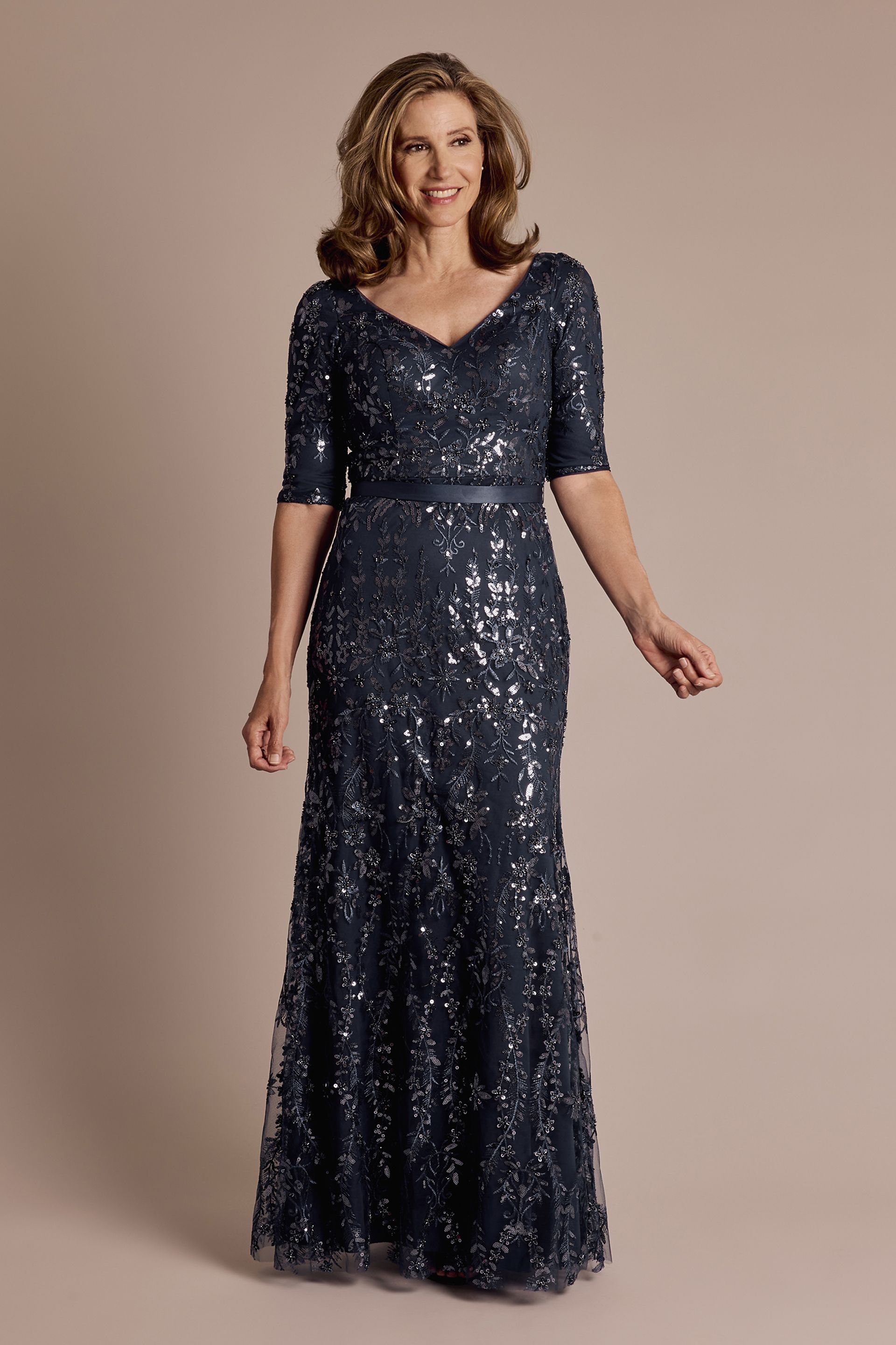 Beaded Sequin Lace Dress with Elbow-Length Sleeves