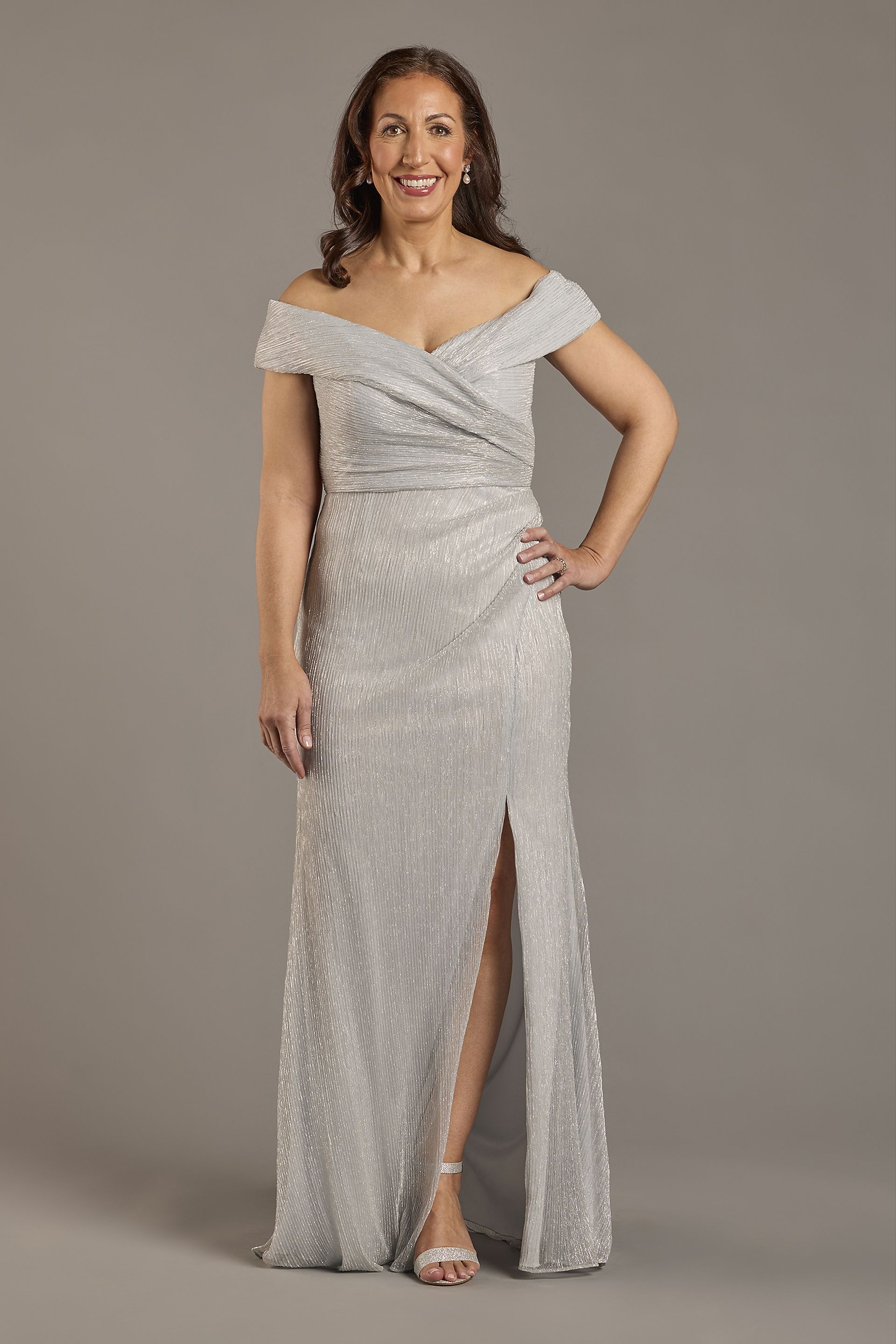 Metallic Knit Off-the-Shoulder Dress with Slit | David's Bridal