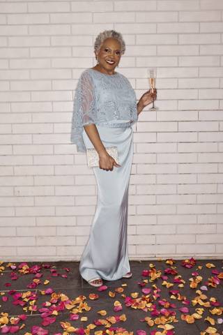 Picture of Matte Satin Sheath Dress with Beaded Capelet