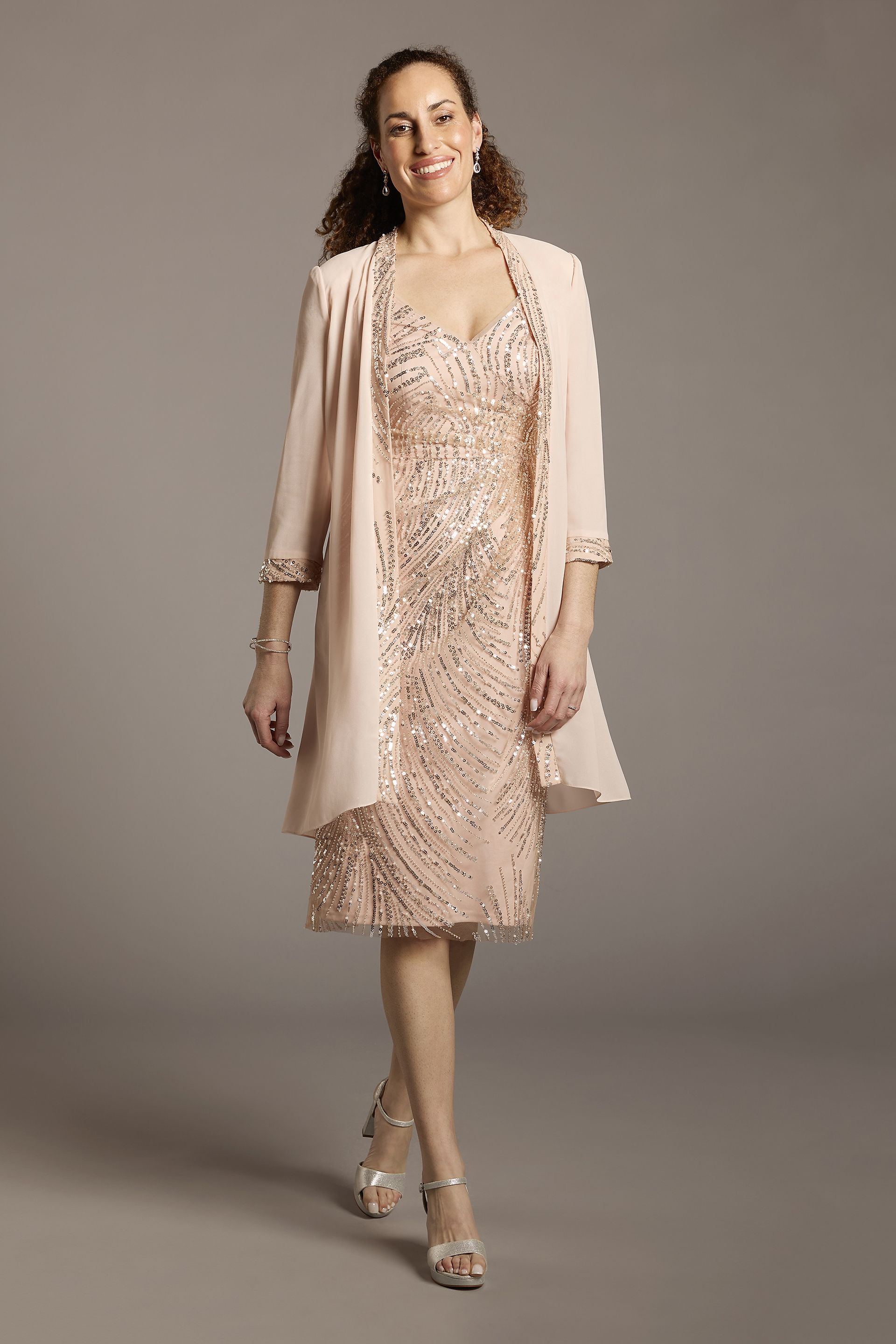 Oleg Cassini Sequin And Pearl Short Jacket Dress in Blush Size: 10 David's Bridal