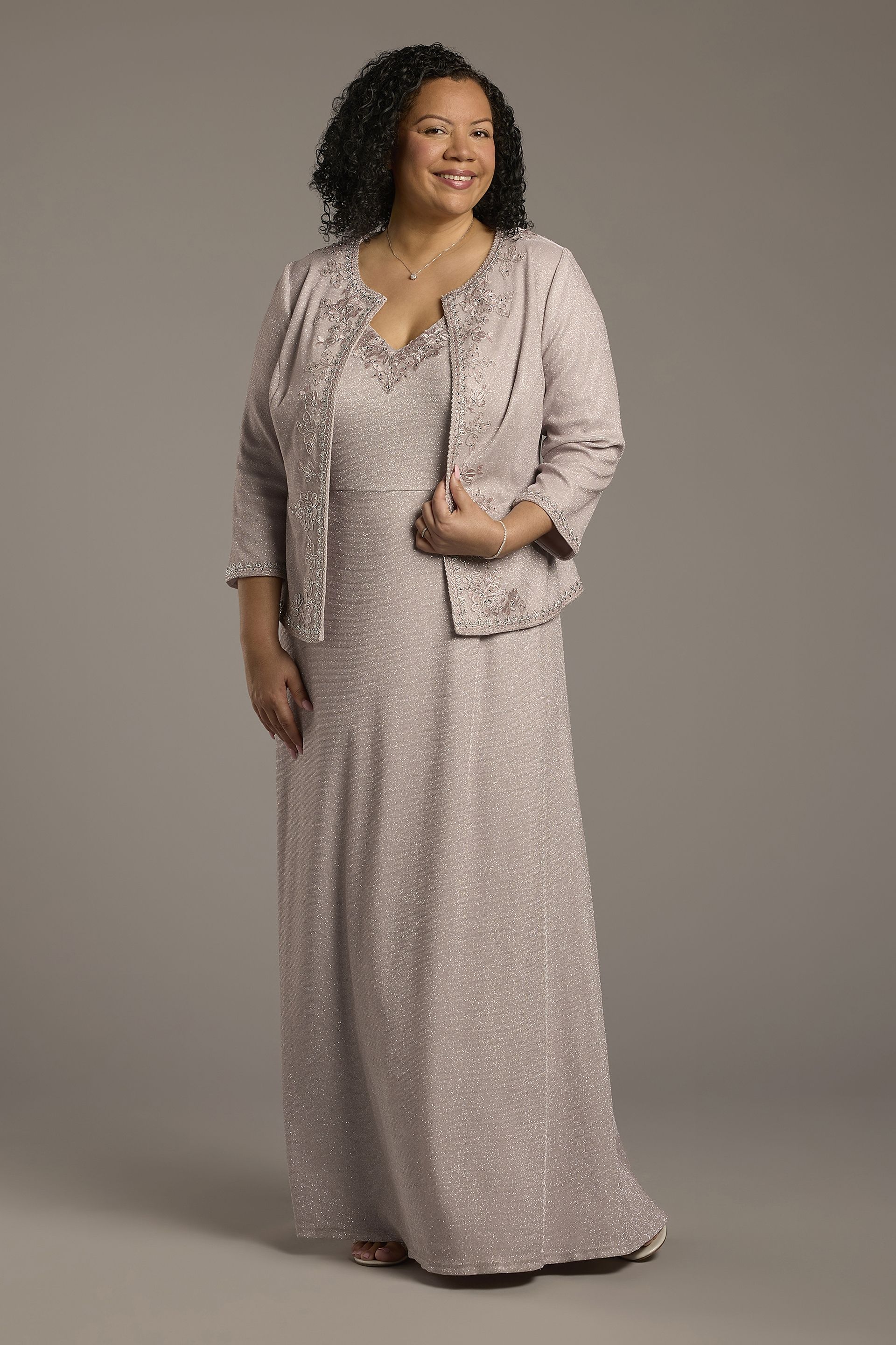 Oleg Cassini Glitter Knit Embroidered Plus Size Jacket Dress in Light Quartz Size: 16W David's Bridal