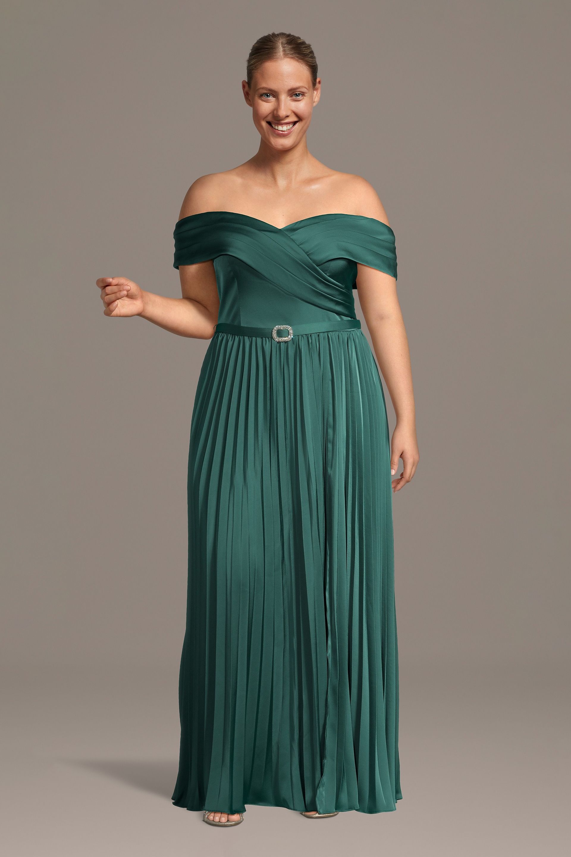 Pleated Matte Satin Off-the-Shoulder A-Line Dress