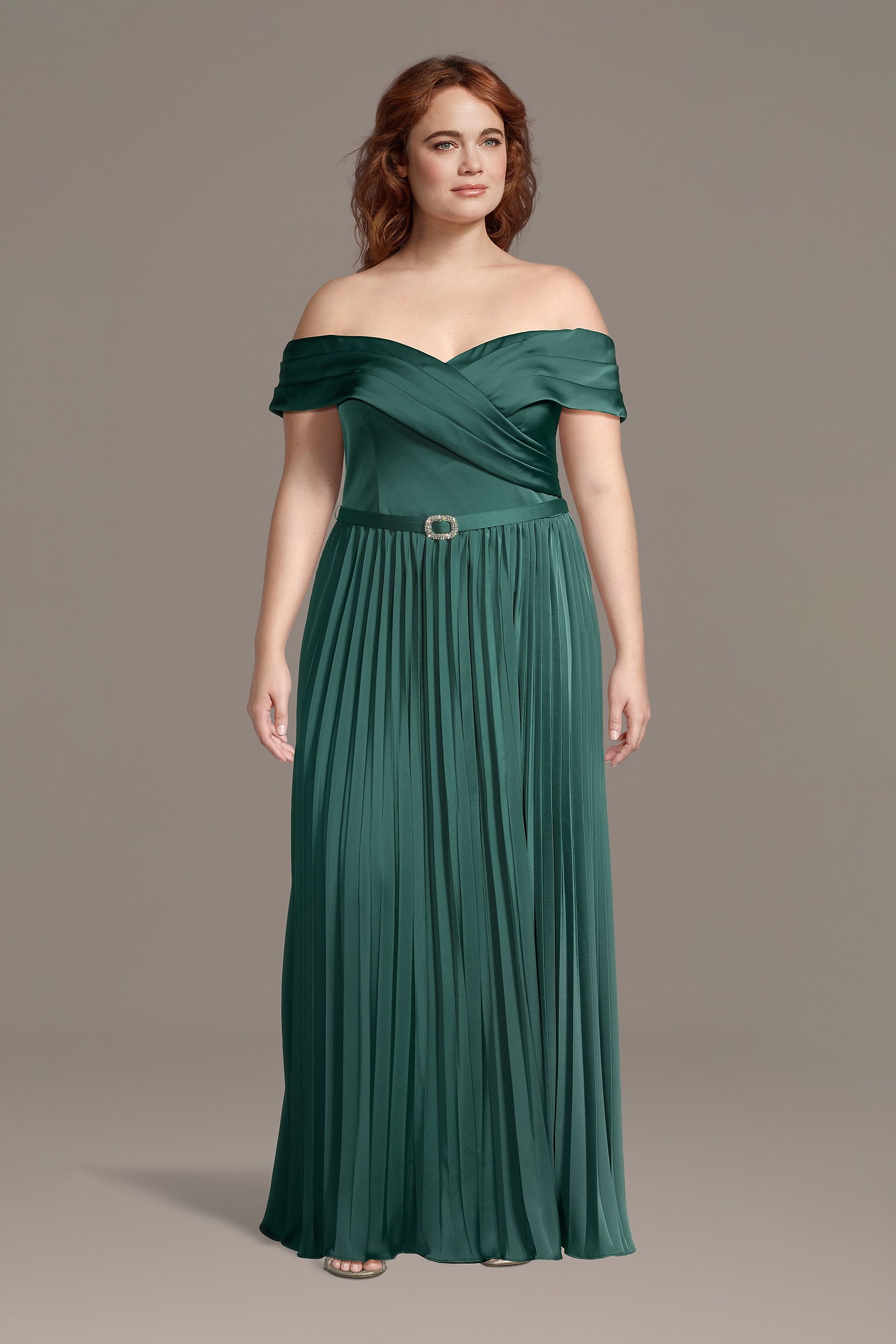 Pleated Matte Satin Off-the-Shoulder A-Line Dress