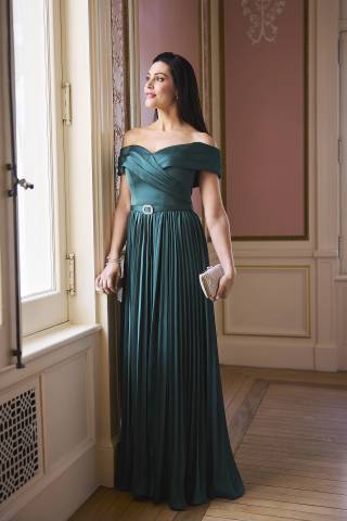 Picture of Pleated Matte Satin Off-the-Shoulder A-Line Dress