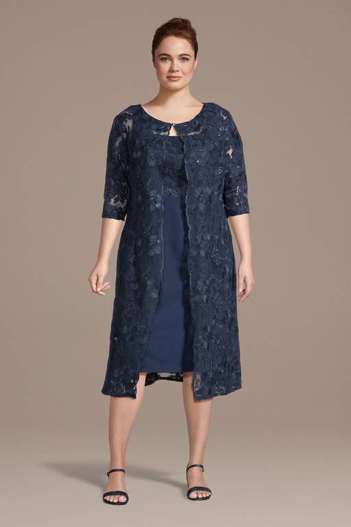 blue lace dress with jacket Stacees Knee-Length Mother of the Bride or Groom Dress with Lace 3/4 Sleeves Jacket