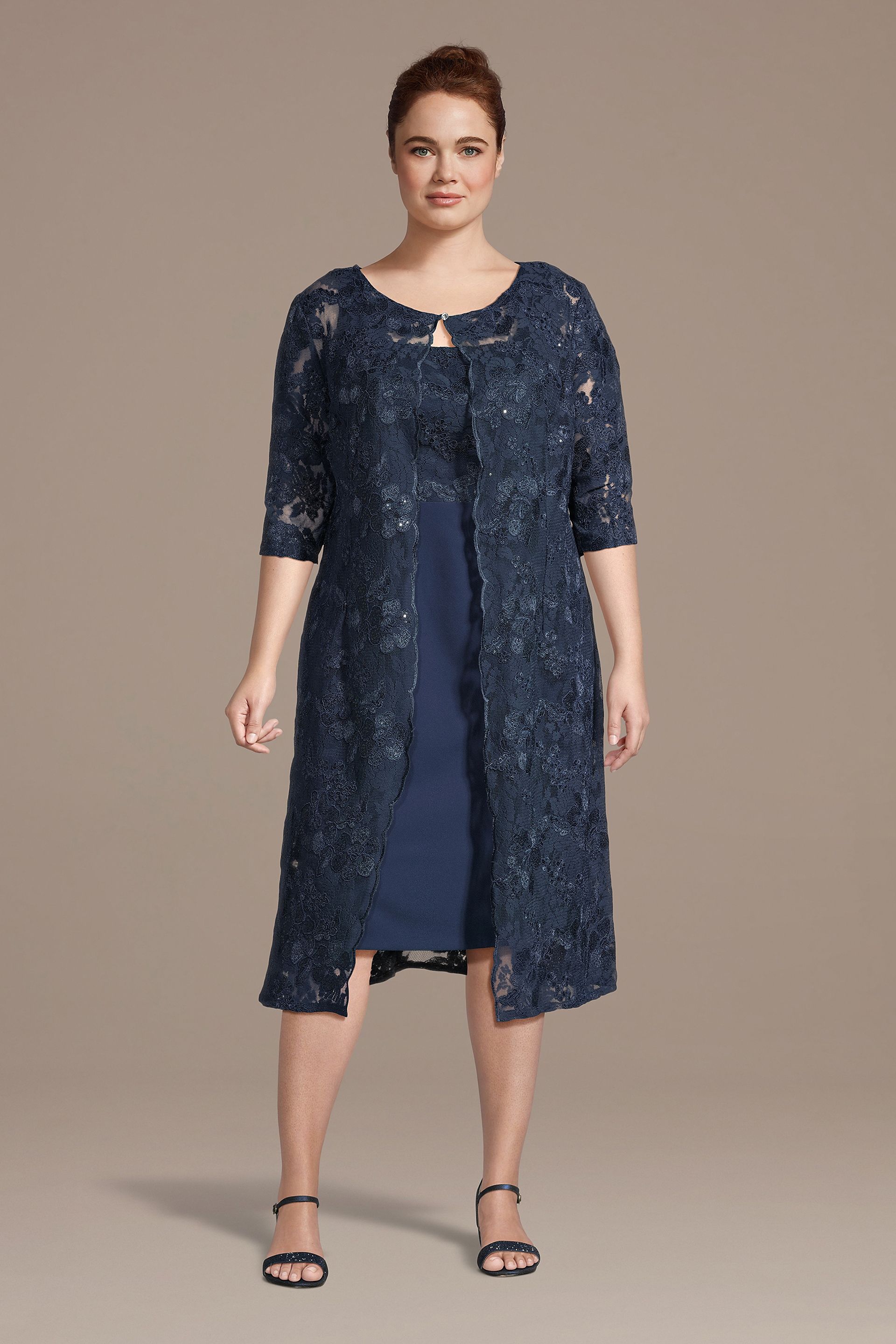 Oleg Cassini Crepe Sheath Dress With Coordinating Lace Jacket in Navy Size: 18W David's Bridal