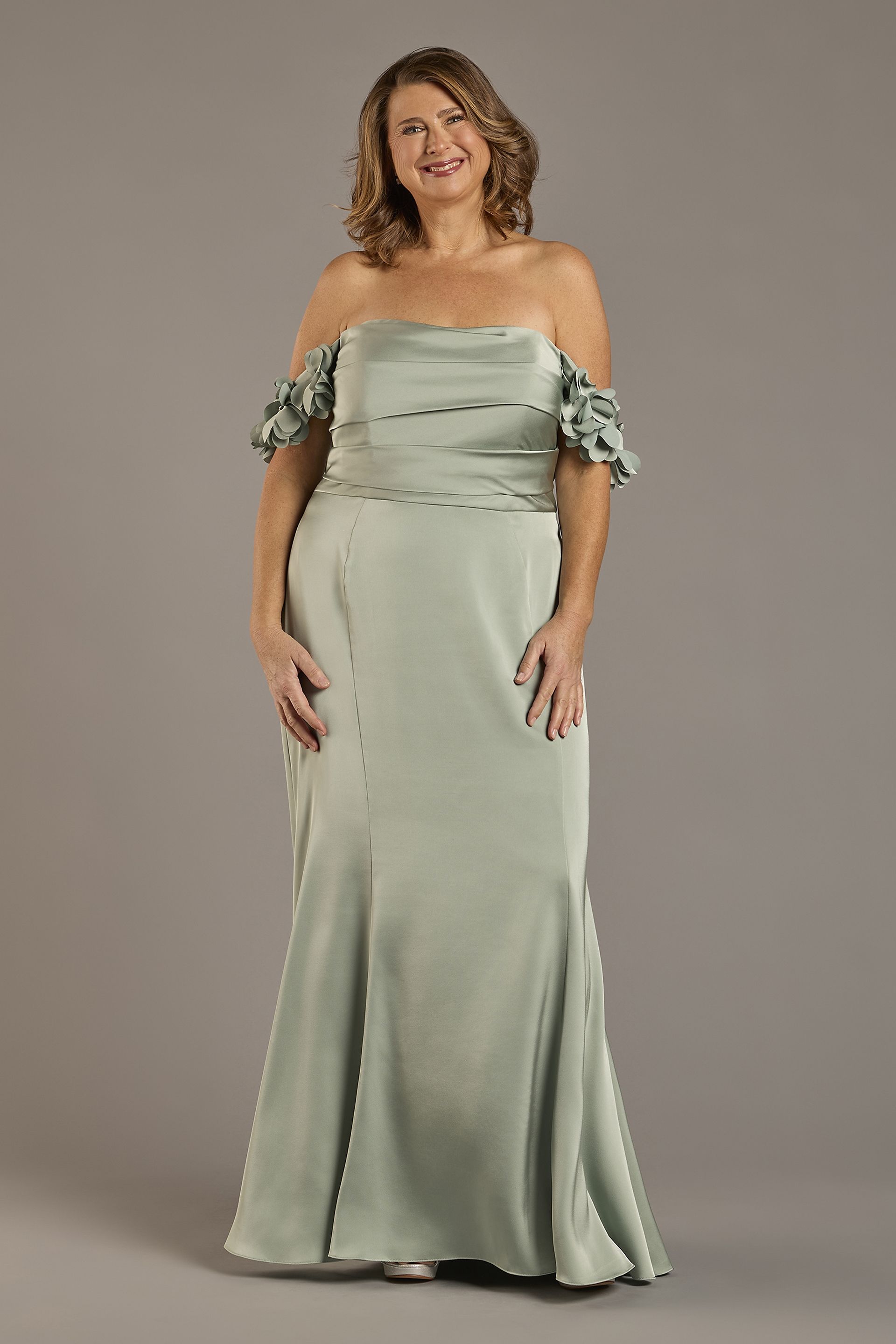 Matte Satin Rosette Off-the-Shoulder A-Line Dress | David's Bridal Matte Satin Rosette Off-the-Shoulder A-Line Dress | David's Bridal