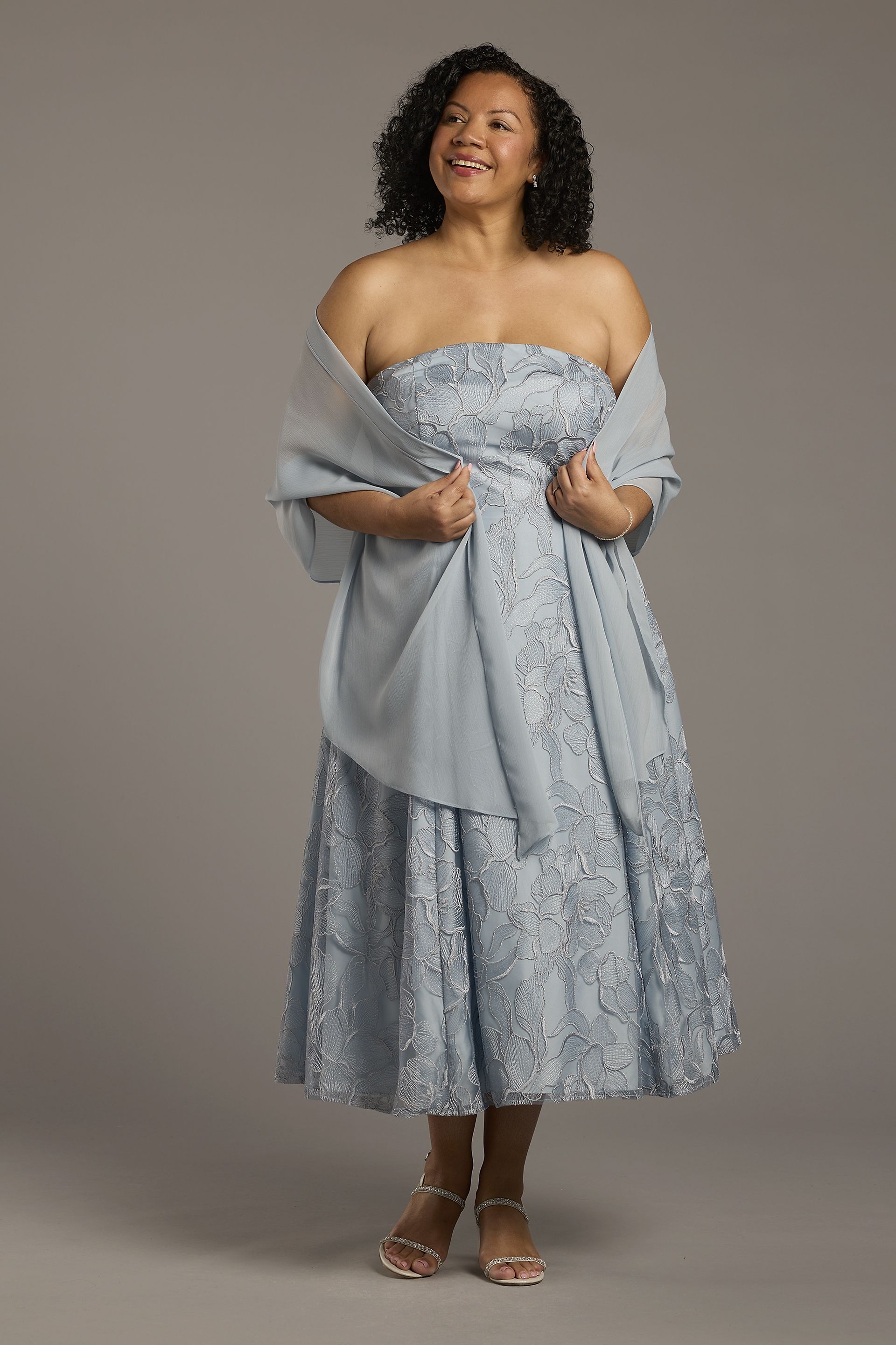 Strapless Floral Tea-Length Dress with Wrap | David's Bridal