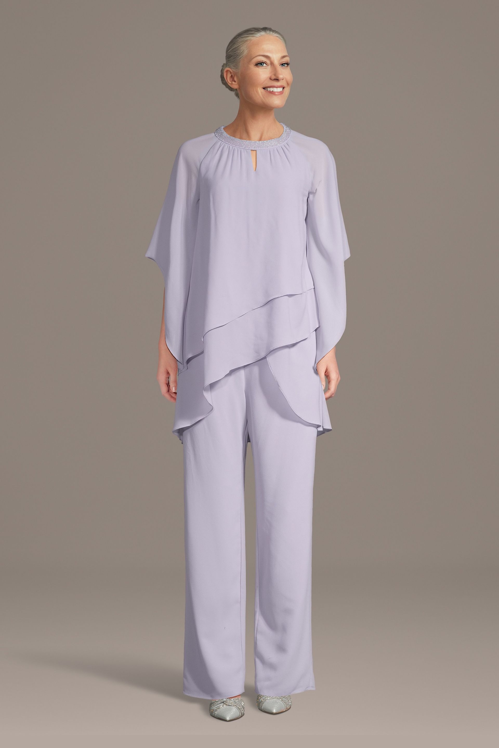 Oleg Cassini Chiffon Keyhole Two-Piece Pantsuit in Iris Size: 12 David's Bridal
