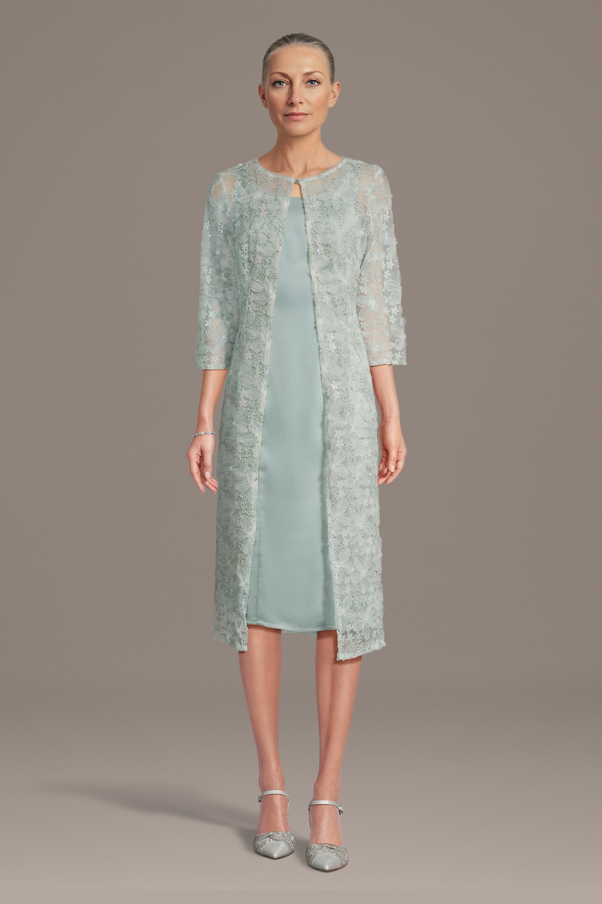 Oleg Cassini Floral Soutache Matte Satin Short Jacket Dress in Dusty Sage Size: 12 David's Bridal