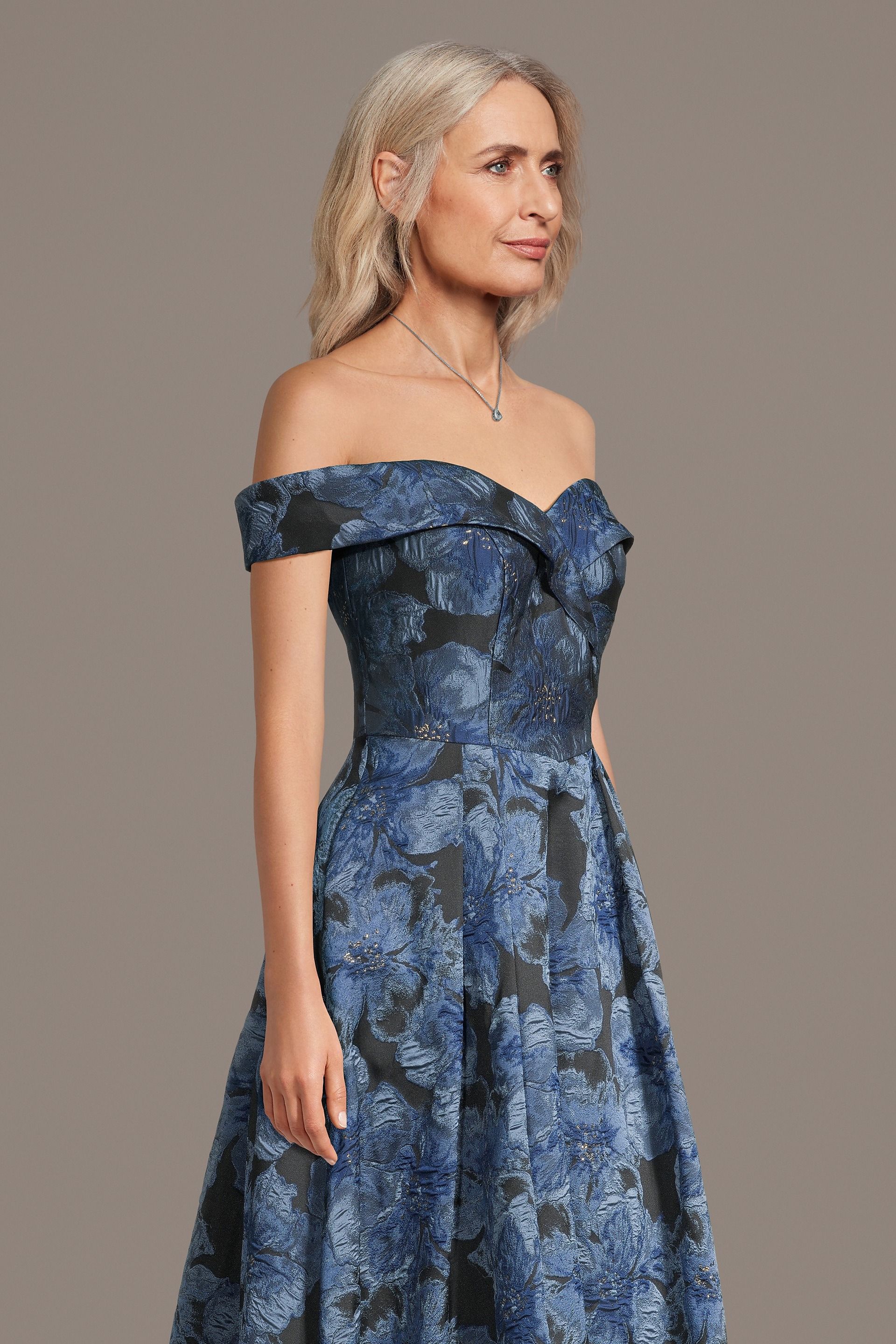 Off-the-Shoulder Brocade A-Line Dress
