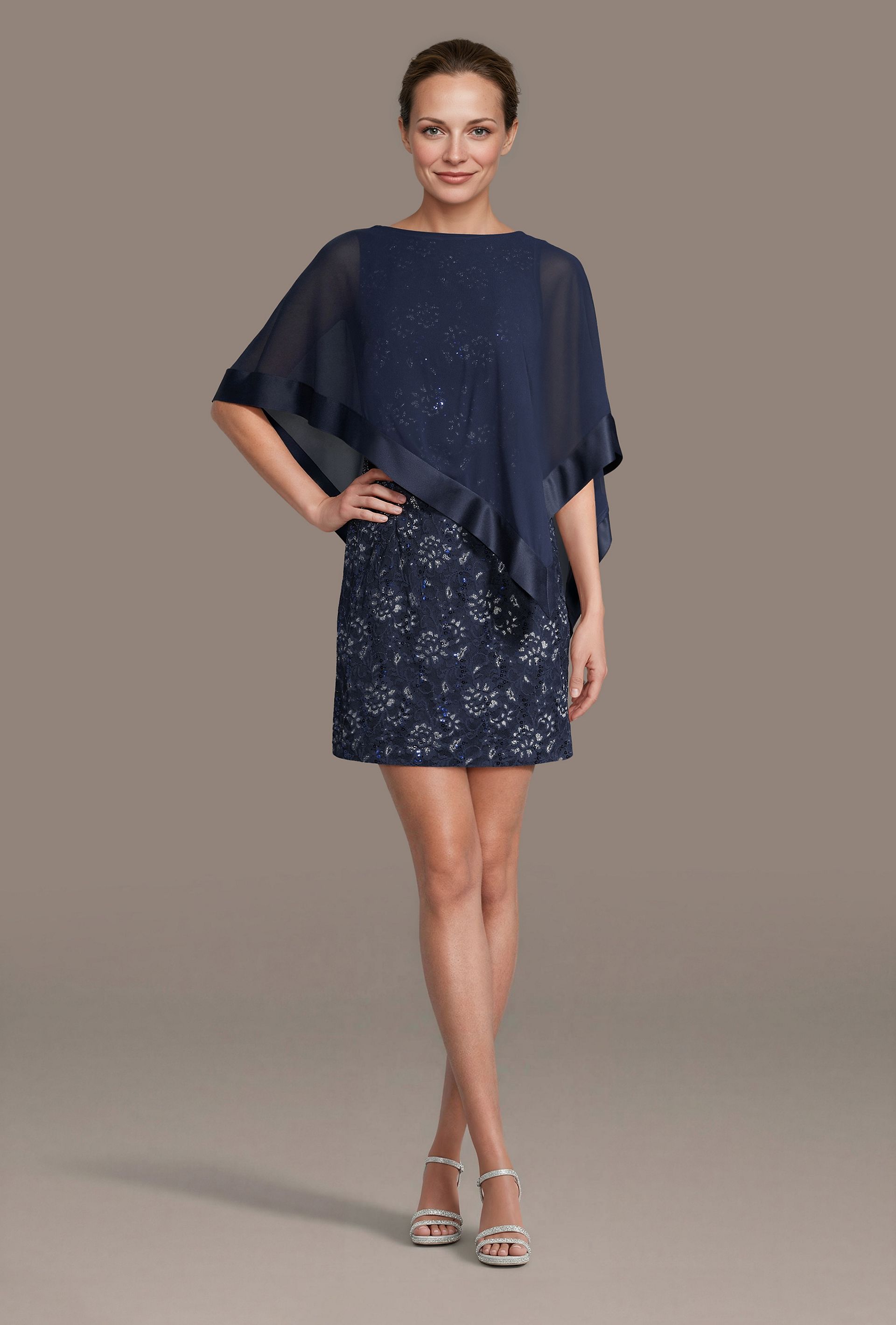 Picture of Short Lace Sheath Dress with Chiffon Capelet