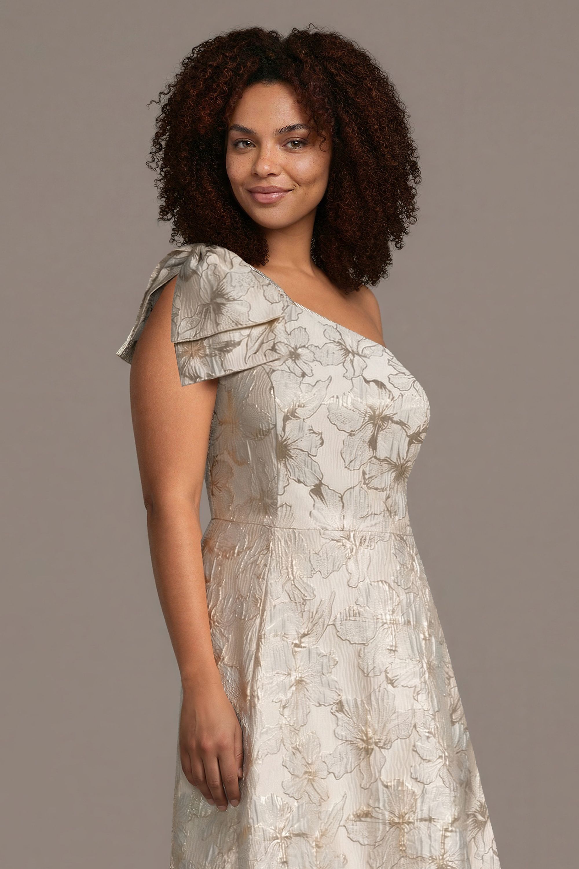 Bow Shoulder Brocade A-Line Dress
