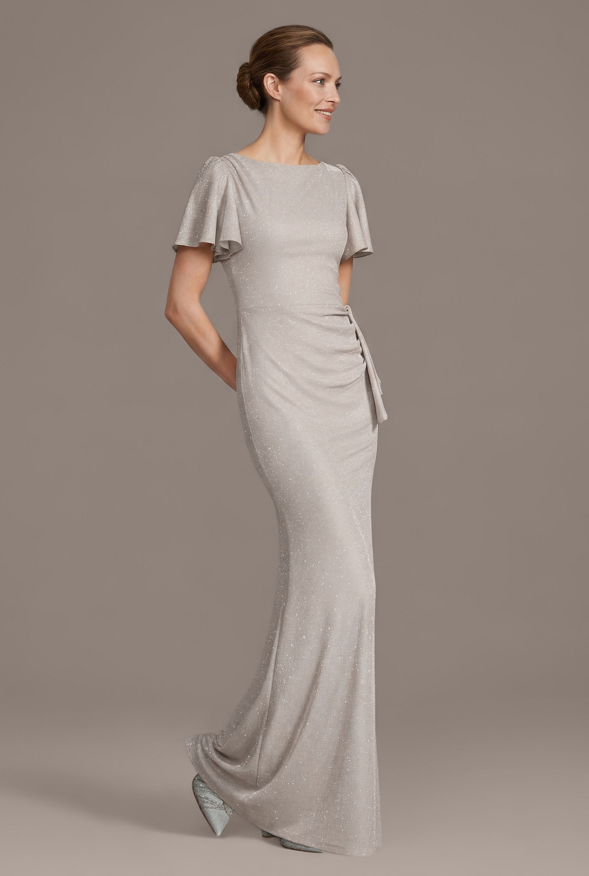 Picture of Glitter Mesh High Neck Flutter Sleeve Sheath Dress