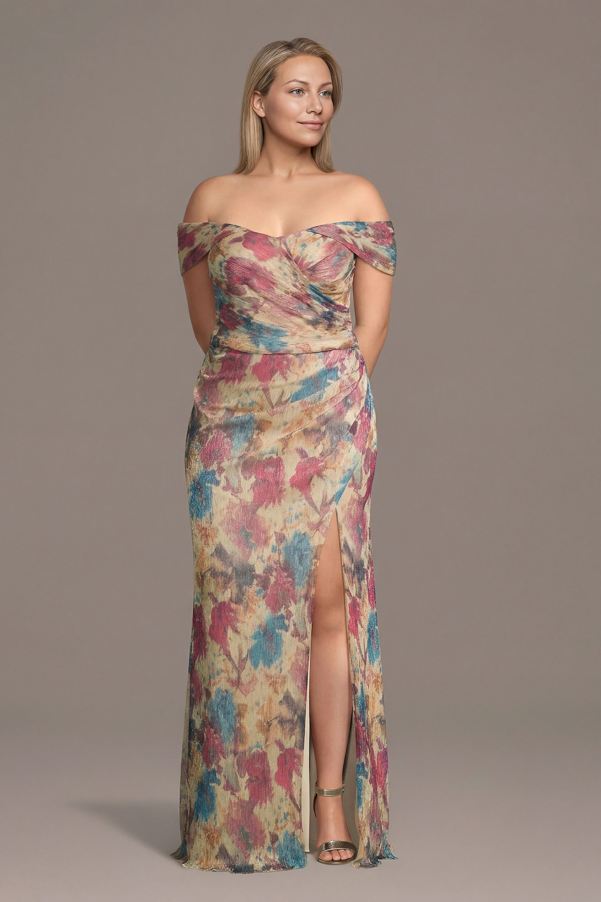 Picture of Off-the-Shoulder Floral Metallic Sheath Dress