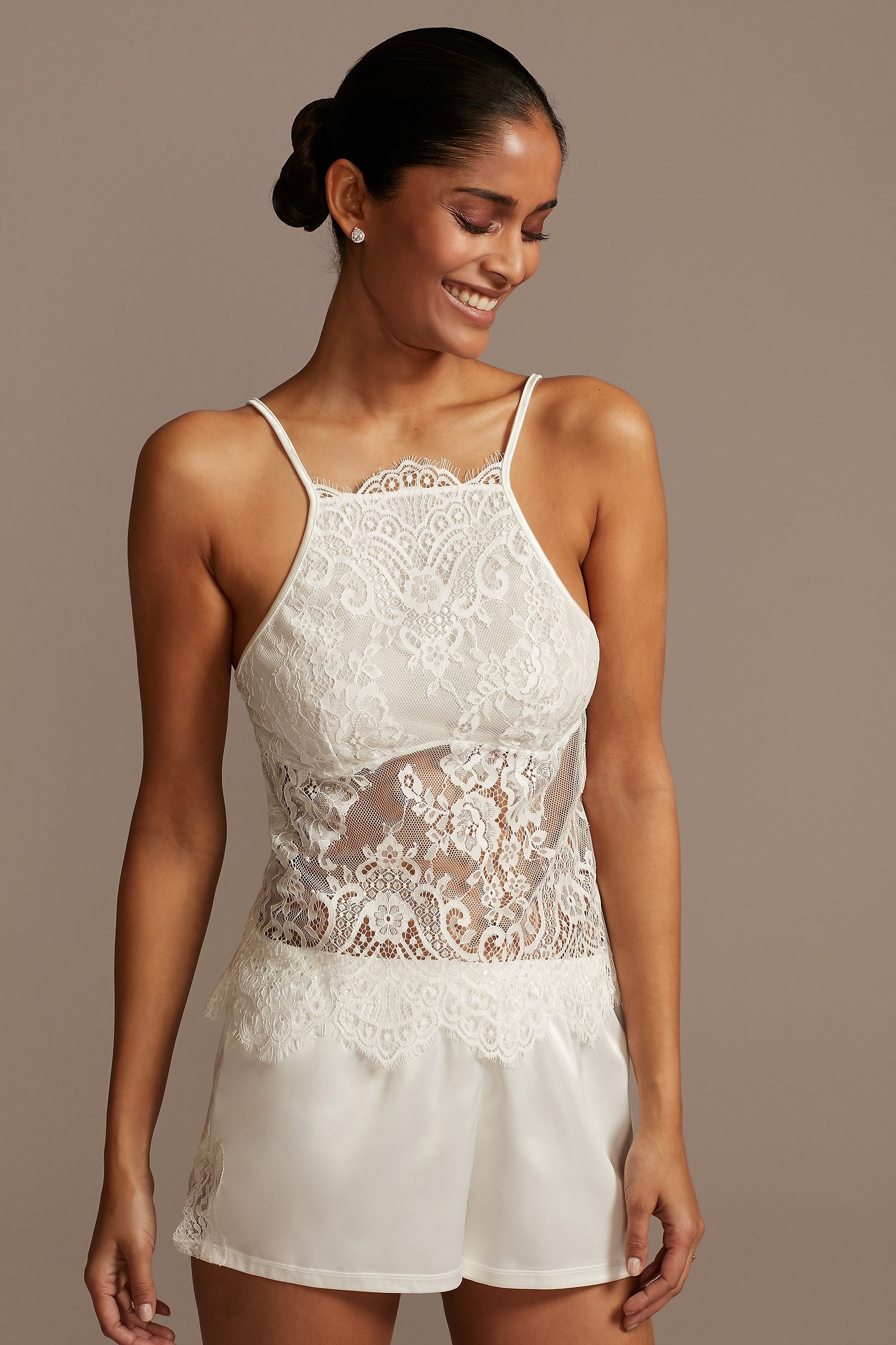 Sheer Lace Cami and Satin Short Set | David's Bridal