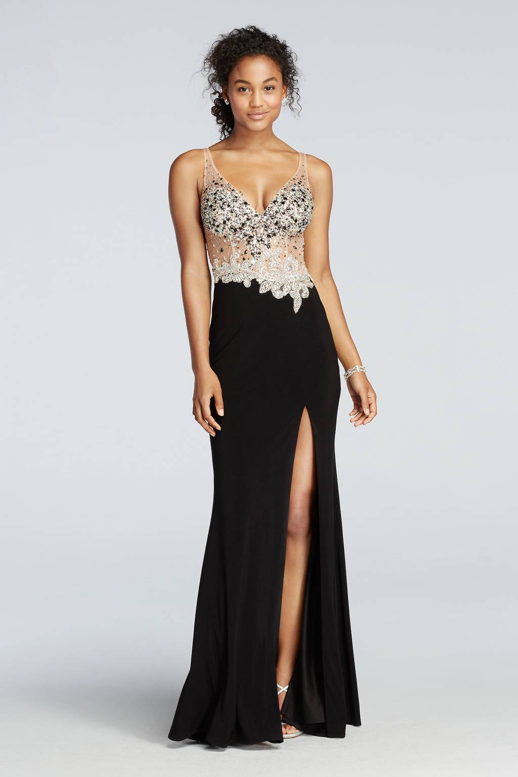 sleeveless long beaded illusion bodice prom dress Illusion-Beaded-Bodice Long Prom Dress