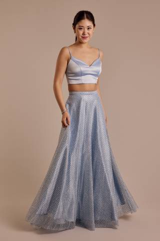 View Crystal Doll Two-Piece Ball Gown and Lace-Up Top Set in all available color and sizes Picture of Two-Piece Ball Gown and Lace-Up Top Set