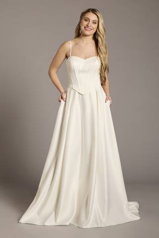 View The Edit By DB Studio Satin Corset Bodice Ball Gown Wedding Dress in all available color and sizes Picture of Satin Corset Bodice Ball Gown Wedding Dress