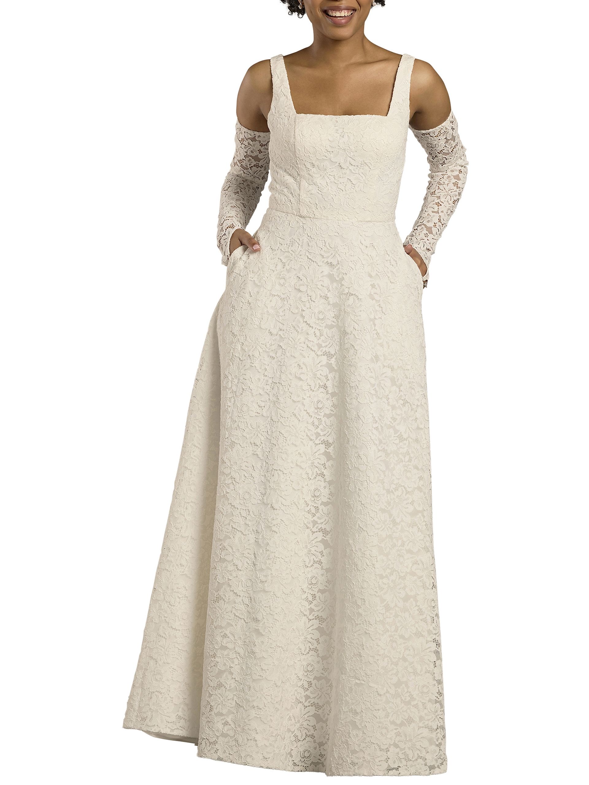 The Edit By DB Studio Tank Square Neck Lace A-Line Wedding Dress in Soft White Size: 14 David's Bridal