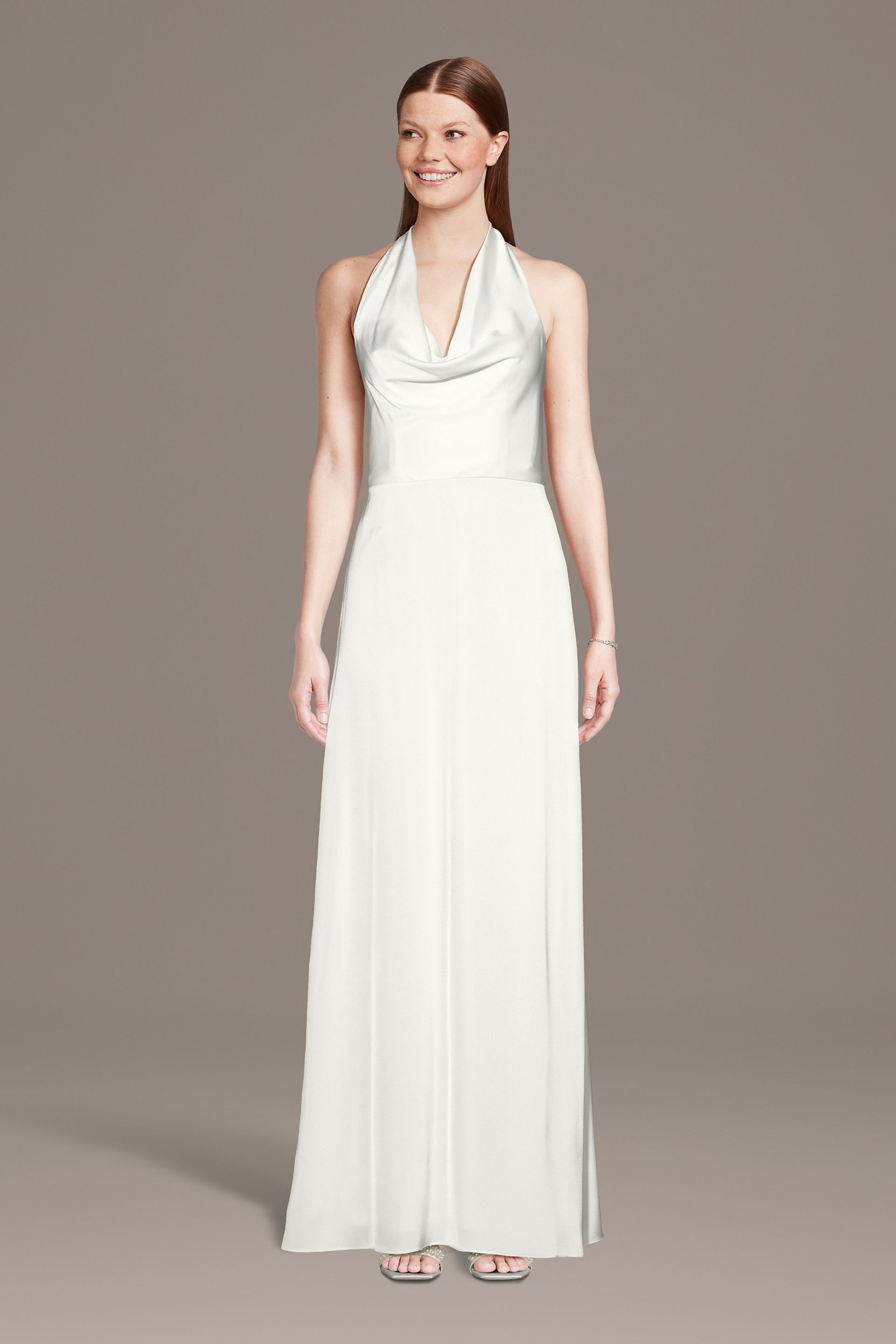 The Edit By DB Studio Cowl Neck Halter Matte Satin Sheath Wedding Dress in Soft White Size: 12 David's Bridal