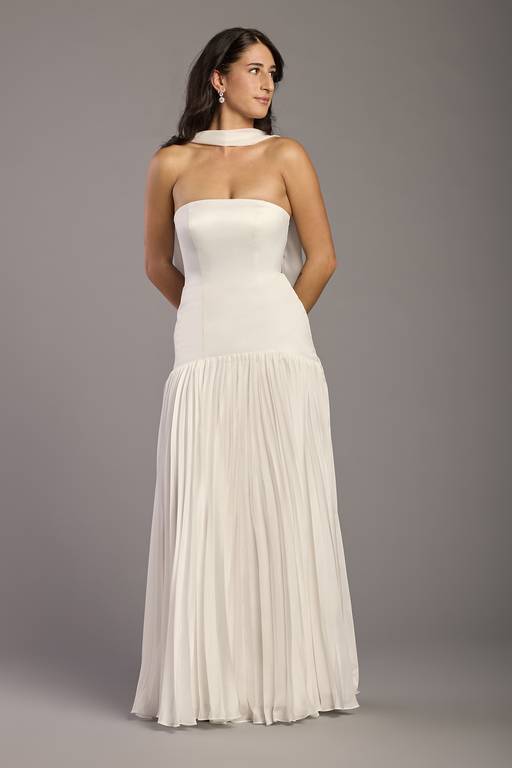 chiffon and satin wedding dress V-neck Satin and Chiffon A-line Wedding Dress with Sheer back Champagne / 26W