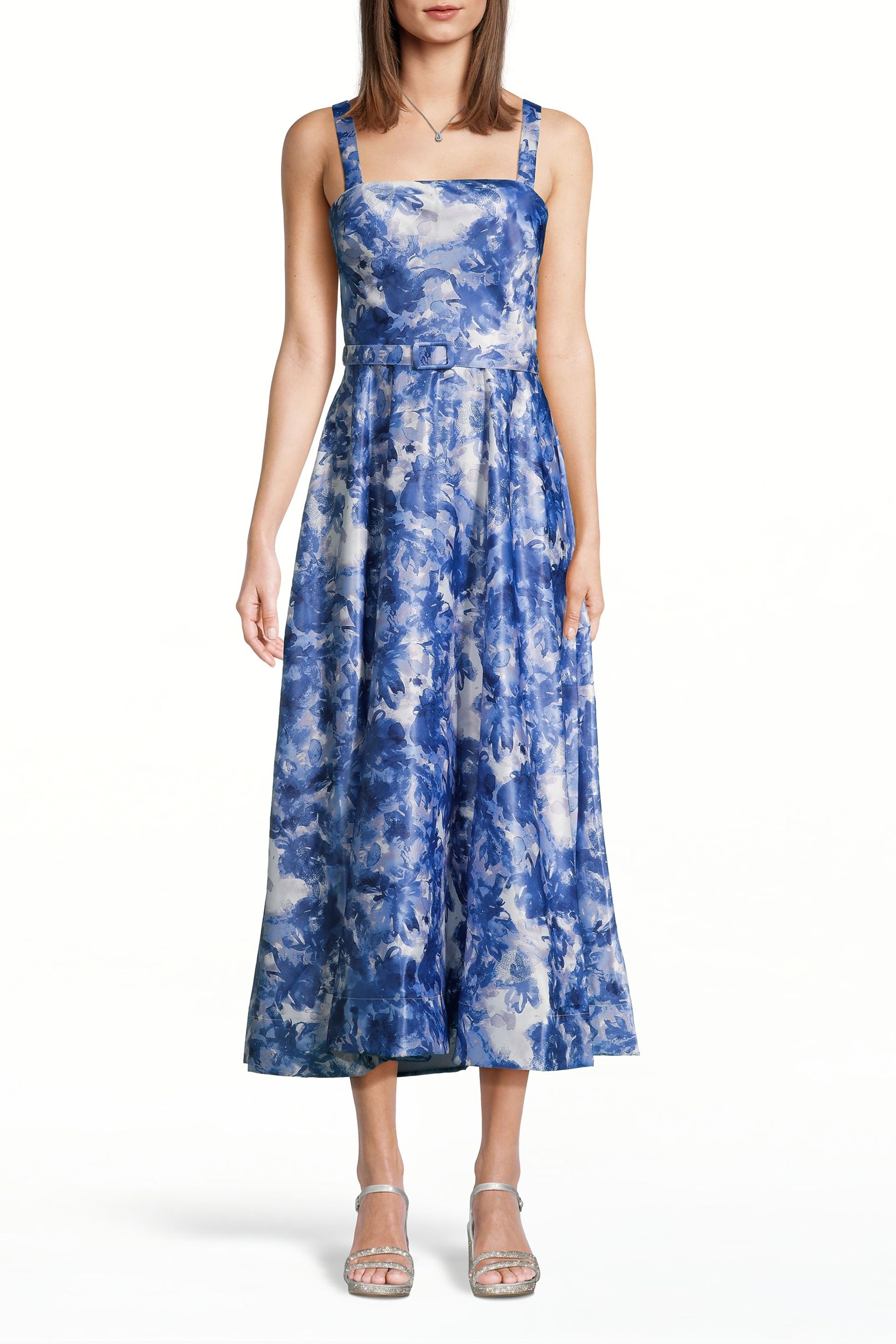 The Edit By DB Studio Floral Print Satin Belted A-Line Midi Dress in Blue/Multi Size: 8 David's Bridal