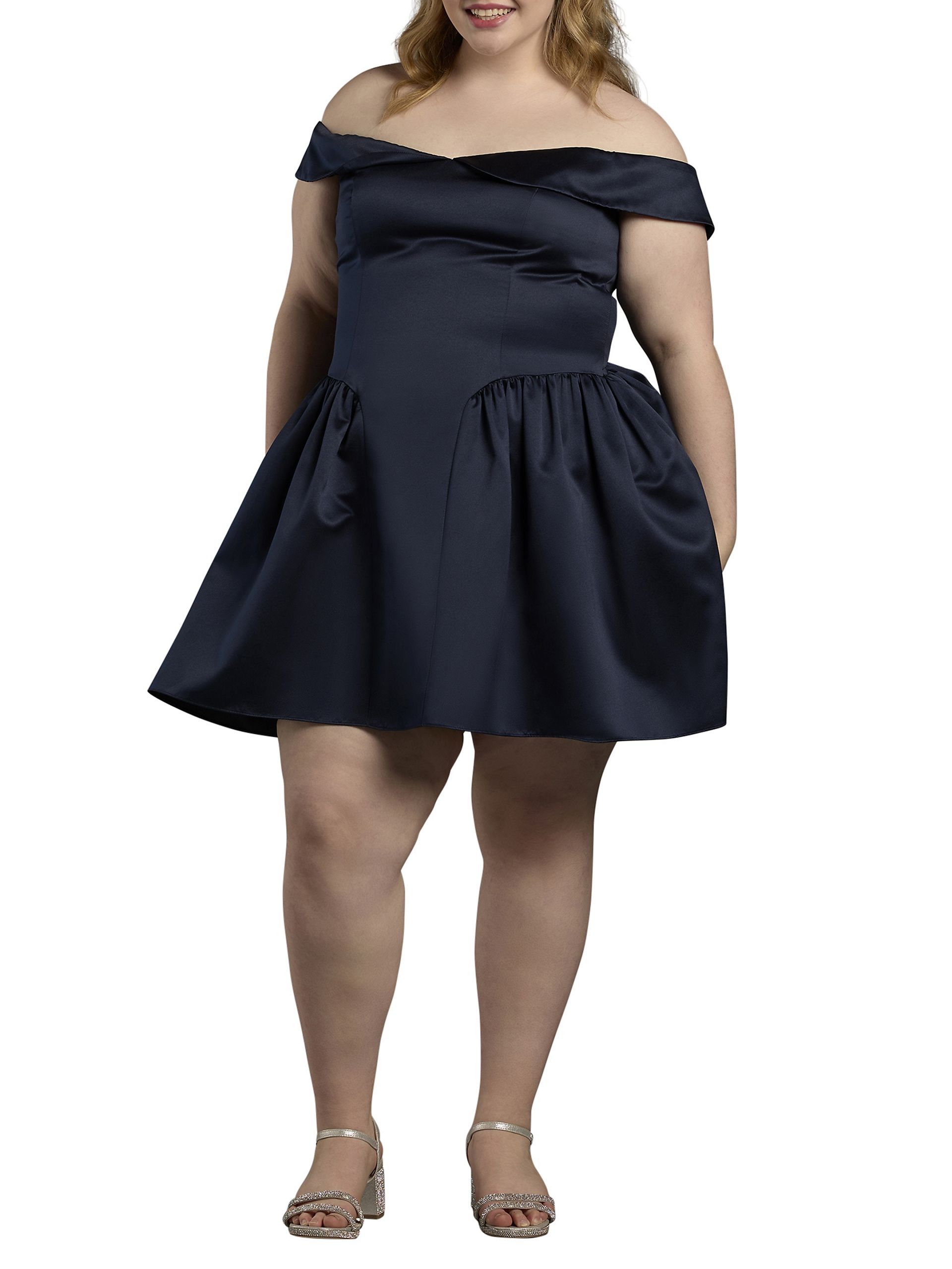 The Edit By DB Studio Off-The-Shoulder Drop Waist A-Line Mini Dress in Marine Size: 22 David's Bridal