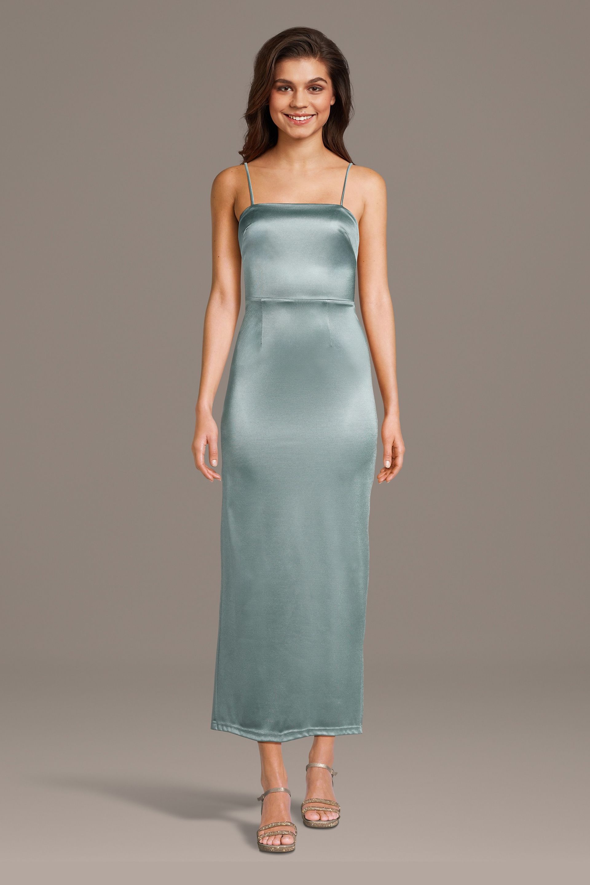 Square Neck Sculpting Satin Midi Dress | David's Bridal