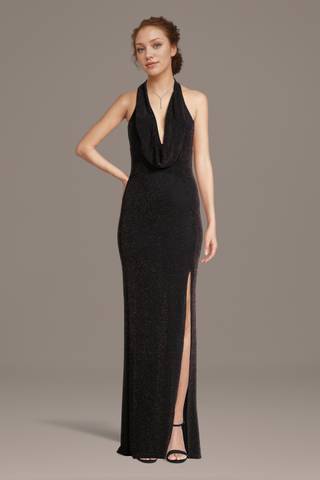 View The Edit By DB Studio Metallic Plunge Neckline Halter Sheath Dress in all available color and sizes Picture of Metallic Plunge Neckline Halter Sheath Dress