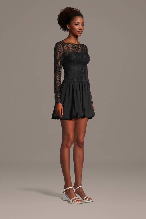 black bubble dress with sleeves Black Sheer High-Neck Bubble Dress