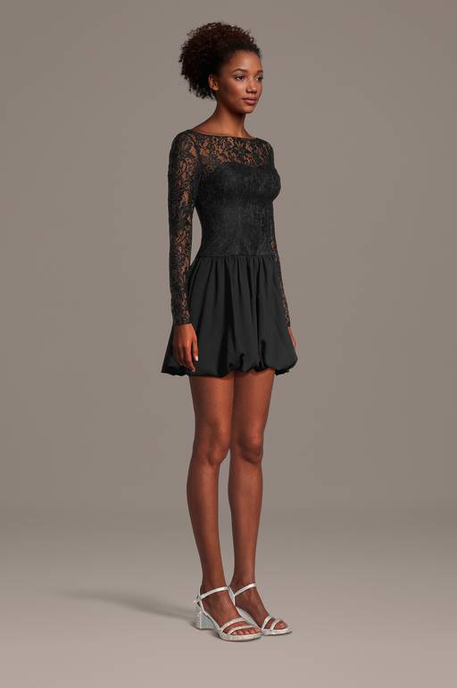 black bubble dress with sleeves Black Sheer High-Neck Bubble Dress