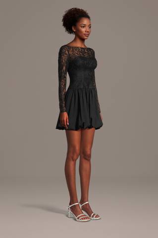 View The Edit By DB Studio Long Sleeve Lace Mini Bubble Dress in all available color and sizes Picture of Long Sleeve Lace Mini Bubble Dress