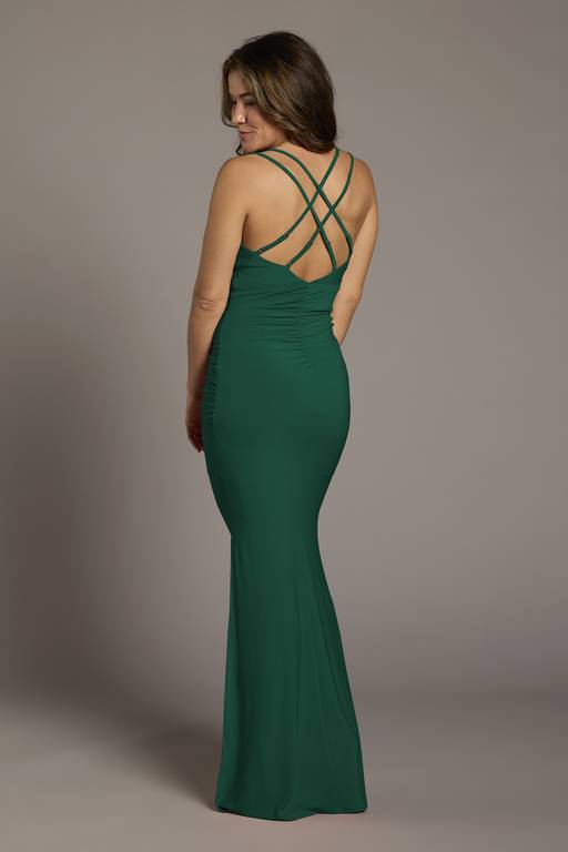 david's bridal long mesh dress with cowl back detail Long Dress with Mesh and Swooping Cowl Back Detail